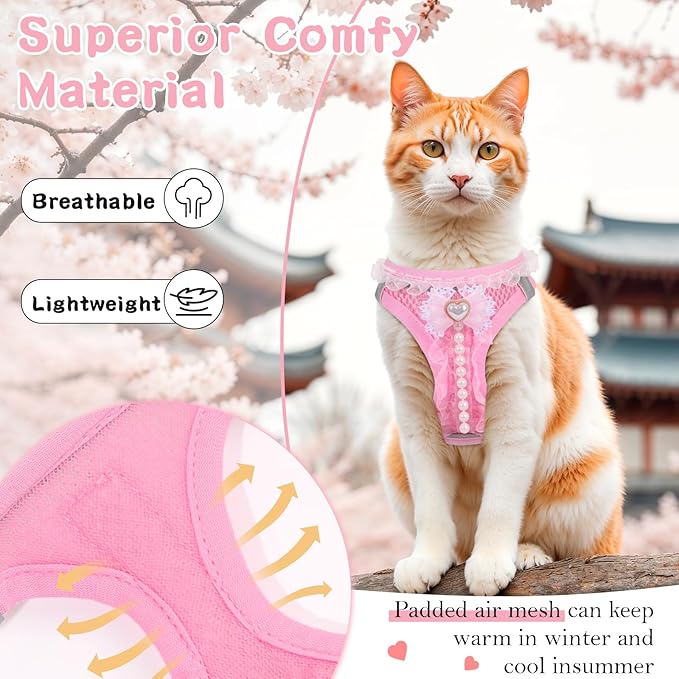Cat Harness and Leash Set,Escape Proof Adjustable Kitten Harness with Cute Pink Bow,Breathable Reflective Strips Harness for Kitty Puppy Bunny for Walk Travel and Indoor Use (Pink, Small)