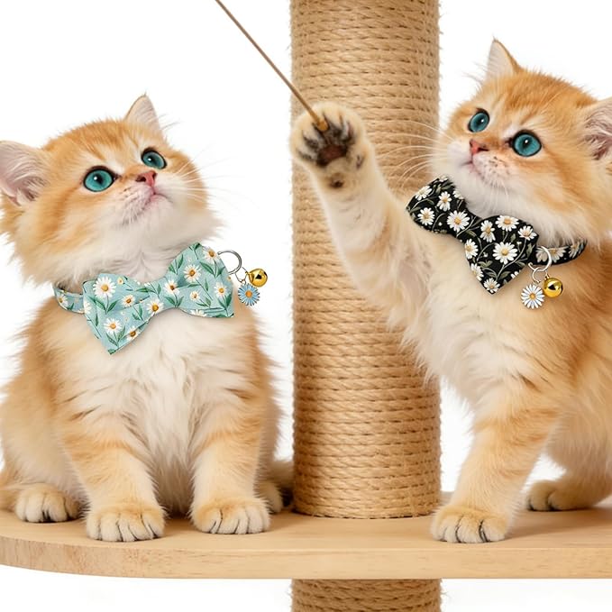 JarThenaAMCS 3 Pcs Daisy Flower Cat Collar with Breakaway Bell Bow Tie Pink Blue Black Floral Adjustable Kitten Collars for Spring Summer Girl Boy Cats Small Pet Party