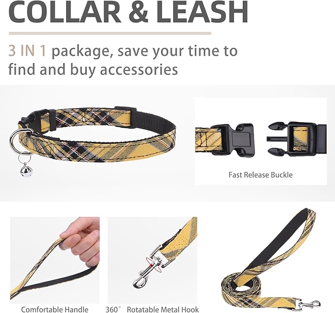 PUPTECK Adjustable Dog Harness Collar and Leash Set Step in No Pull Pet Harness for Small Medium Dogs Puppy and Cats Outdoor Walking Running, Soft Mesh Padded Reflective Vest Harnesses, Yellow, M