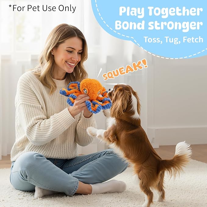 Squeaky Dog Toy for Puppy Teething, Plush Octopus Dog Toy, Puppy Chewing Toy, Soft Stuffed Chew Toys for Small Dogs Training and Keep Them Busy, Orange