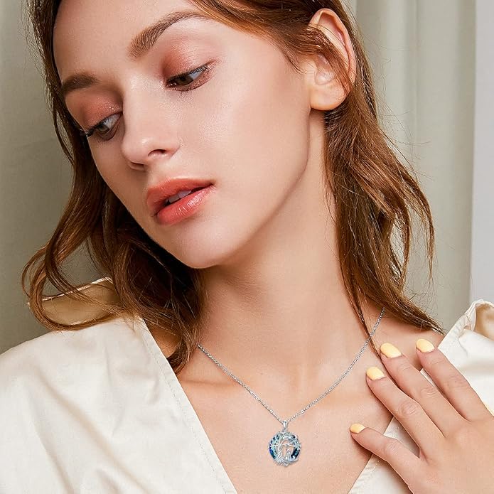 TOUPOP Cat Gifts for Cat Lovers Sterling Silver Cute Cats Tree of Life Pendant Necklace with Blue Circle Crystal Birthday Christmas Jewelry Gifts for Women
