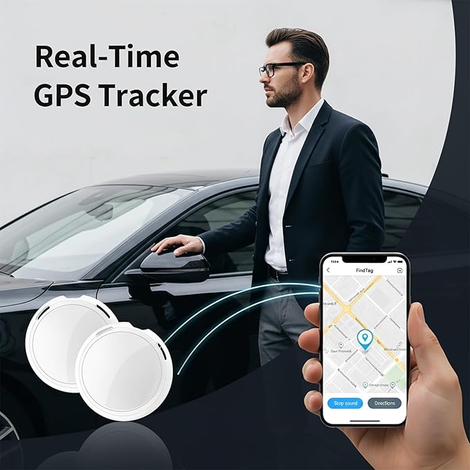 2 Pack Mini GPS Tracker Tags [Apple MFi Certified] Pair with Apple Find My (iOS Only) Global Real Time Car Tracking Devices Smart Air Bluetooth Tracker Key Finder Item Locator for Vehicles Pet Luggage
