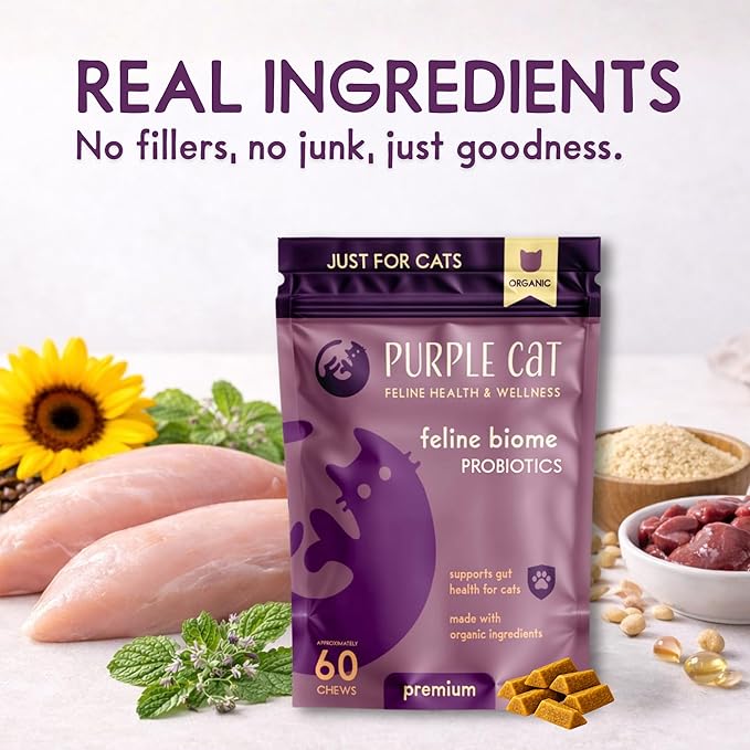 Feline Biome: Premium Cat Probiotic – Gut Health, Diarrhea Relief & Immune Support – Natural & Organic Ingredients – 60 Soft Chews with Real Chicken and Chicken Liver
