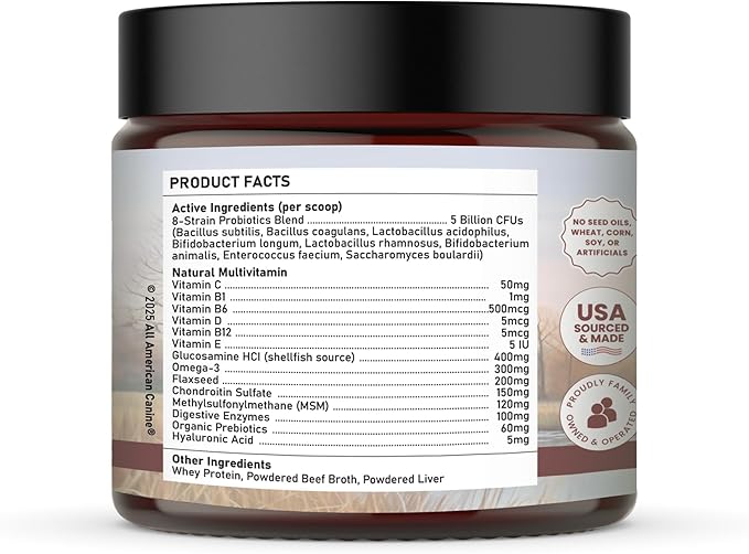 All American Canine Multivitamin Powder - Glucosamine & Chondroitin for Joint Health, Digestive Enzymes & Probiotics for Immunity, Skin & Coat, Beef Flavor 90 Servings