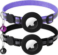 2 Pack Airtag Cat Collar with Bell, Reflective Nylon Kitten Collar with Apple Air Tag Holder and Breakaway Safety Buckle for Puppy Girl Boy Cats, 3/8" in Width and Lightweight, Purple