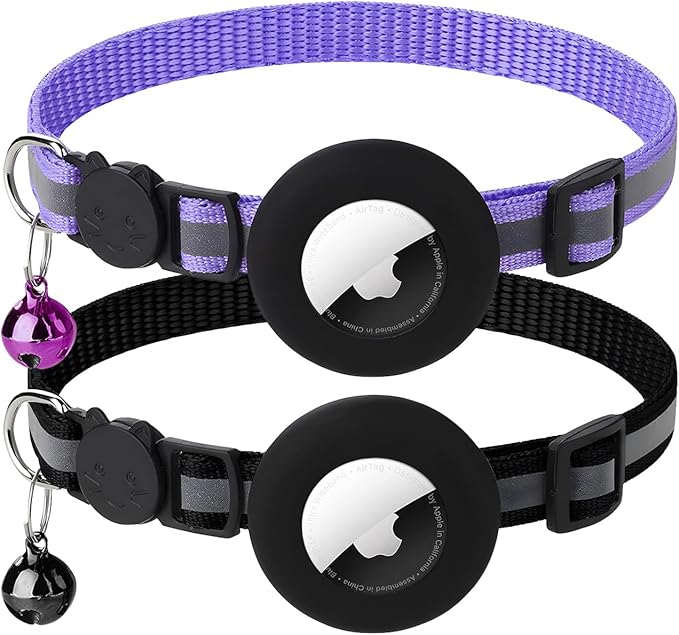 2 Pack Airtag Cat Collar with Bell, Reflective Nylon Kitten Collar with Apple Air Tag Holder and Breakaway Safety Buckle for Puppy Girl Boy Cats, 3/8" in Width and Lightweight, Black/Purple