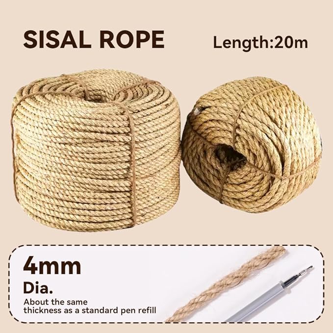 Natural Sisal Rope for Cat Scratcher Replacement, Durable Cat Tree Post Repair Cord for DIY Projects, Climbing Towers, Furniture Protection, Scratch Pad, Crafts, Garden, and Home Décor Use