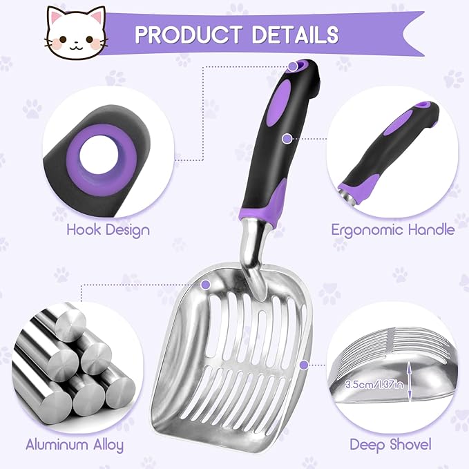 Cat Litter Scoop, Metal Cat Scooper, Rubber Handle Scoop, Sifting Shovel for Christmas – Heavy Duty Aluminum Alloy Litter Box Scoop with Deep Mesh, Design for Easy Waste Removal and Cleaning(Purple)