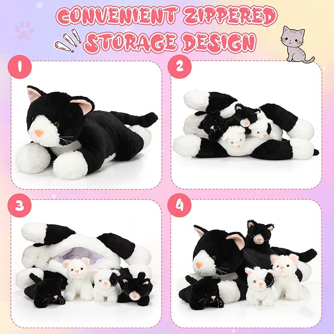 Skylety 5 Pieces Cat Stuffed Animal with Babies Inside Belly Plush Cat Pregnant Mommy Kitty with 4 Cute Fluffy Stuffed Kittens Christmas Birthday Surprise Gifts(Black, White)