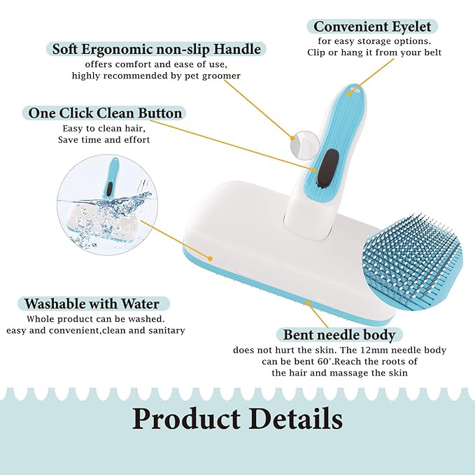 Dog Brush - Self Cleaning Dog and Cat Hair Brush, Efficient Shedding Grooming Tool for Long and Short Haired Dogs & Indoor Cats, Deshedding Comb (Blue)