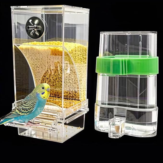 Automatic No Mess Bird Feeder Water Dispenser Set, Acrylic Transparent Parakeet Cage Accessories Bird Feeder and Waterers in Cage for Small and Medium Cockatiels, Finches, Lovebirds