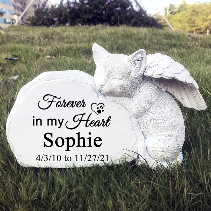 Personalized Pet Cat Memorial Stone with A Sleeping Cat Angel Statue, Cat Grave Markers, Cat Headstone Tombstone-Forever in My Hearts
