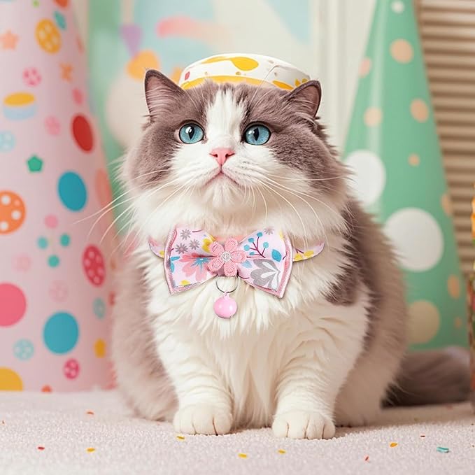 Cat Collar Breakaway, HYQHYX Floral Kitten Collar with Bell, Cute Cat Collar with Bow for Girl Boy Removable Bowtie (Pink + Green)