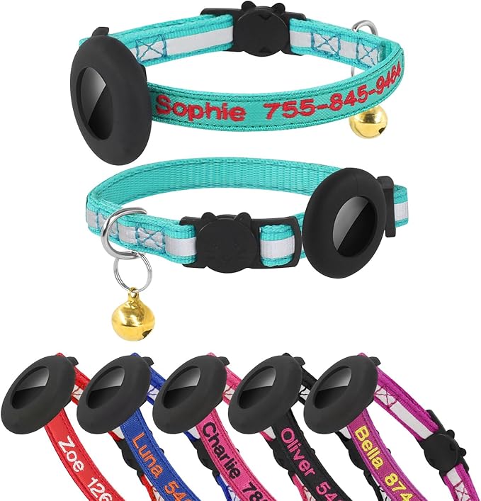 Custom Cat Collar, Personalized Nylon Breakaway Cat Reflective Collar Embroidered with Pet Name and Phone Number with Waterproof Holder Case and Bell (with Silicone Protective Case)
