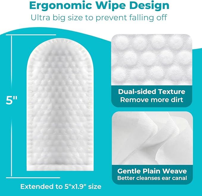 Pet Ear Cleaner Finger Wipes for Dogs, Cats, Gentle Alcohol-Free Formula, Removes Wax, Debris, 50 Count, Vet Approved, 4x8cm