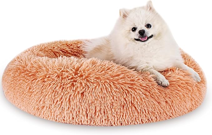 Calming Dog Bed for Small Dogs Cats, Kitty Puppy 23'' Round Anti-Anxiety Warm Fluffy Plush Faux Fur Bed, Soft Anti-Slip Donut Washable Small Pet Bed, Cozy Cat Puppy Bed, Fits up to 30 lbs Pets