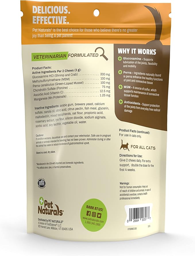 Pet Naturals Hip and Joint Supplement with Glucosamine, Green-Lipped Mussel, and Chondroitin for Cats, Duck Flavor, 160 Chews