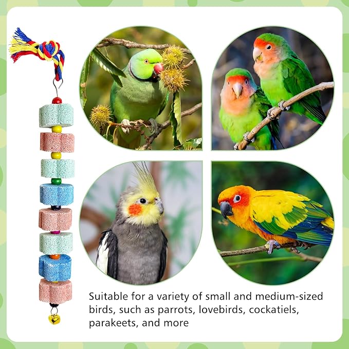 3 Pack Bird Chewing Toy,Lava Calcium Bird Beak Grinding Stone with Bell Hanging Parakeet Cage Accessories for Parrot Budgies Hamster Chinchilla Rabbit African Grey