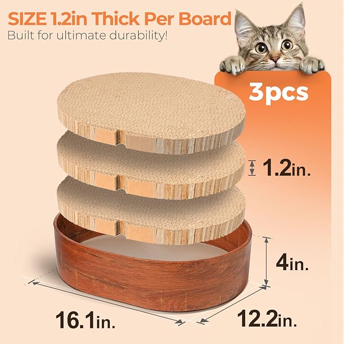 3 Pcs Cat Scratching Board with Box, 2 in 1 Cardboard Cat Scratchers Bed for Indoor Cats, Round Scratch Bowl with Thicker Double-Sided Pad for Cats' Scratch Need