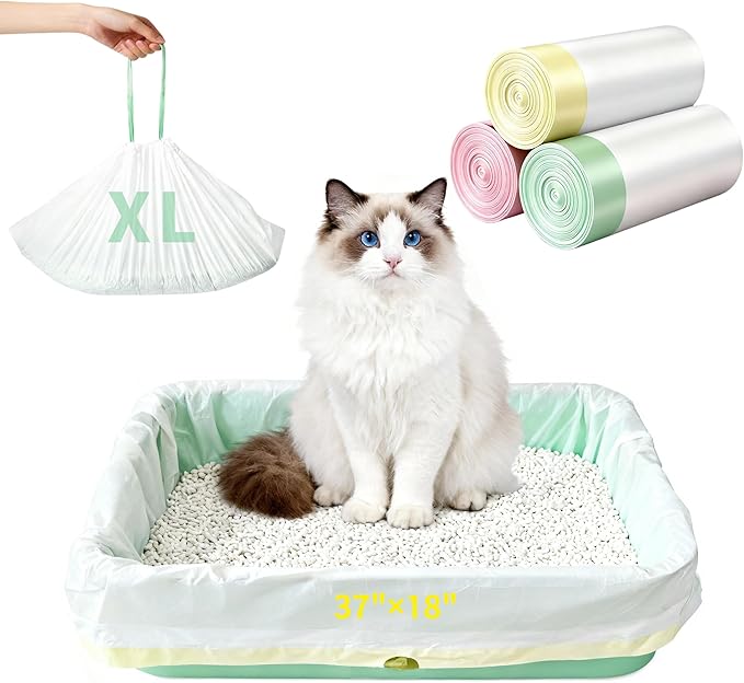 30 Count Jumbo Litter Box Liners 37" X 18", Large Cat Litter Bags with Heavy Duty Drawstring, Extra Thick Leakproof Cat Pan Liners for Kitty Box, Assorted Colors