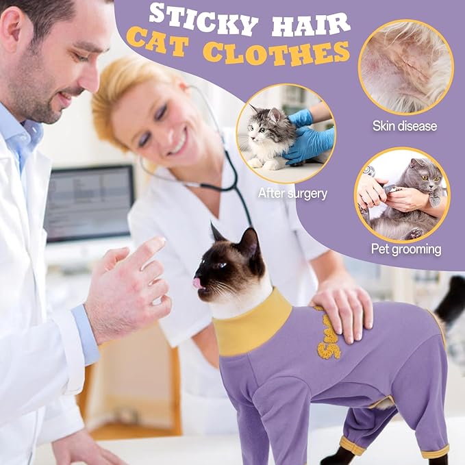 T'CHAQUE Sticky Hair Cat Onesie Pajamas, Soft Long Sleeve Cat Clothes, Anti-Shedding, Surgery Recovery Suit, Wound Protection & Preventing Licking, Kitten Sweaters for Male & Female, Purple-XL