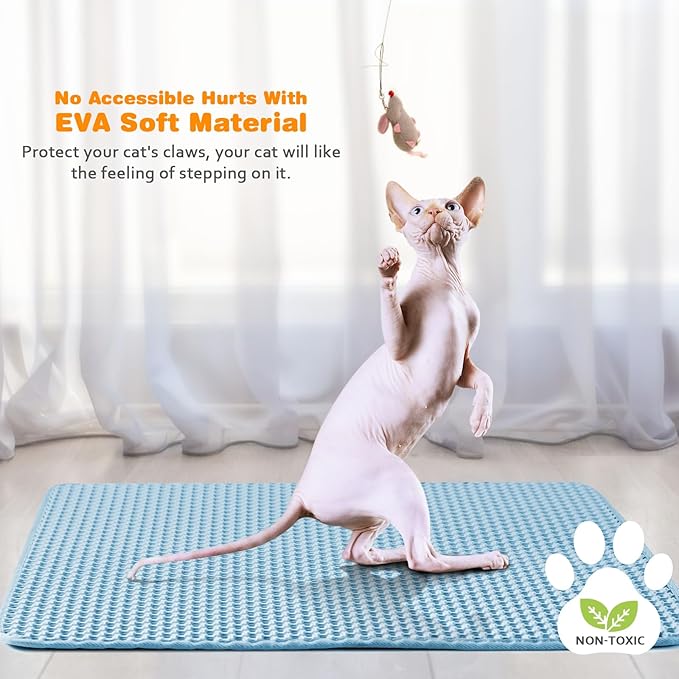 Waterproof Cat Litter Mat, Double Layer EVA, Odor-Free Large Grid, Urine Proof, Easy Cleanup (Blue, 18 x 24)