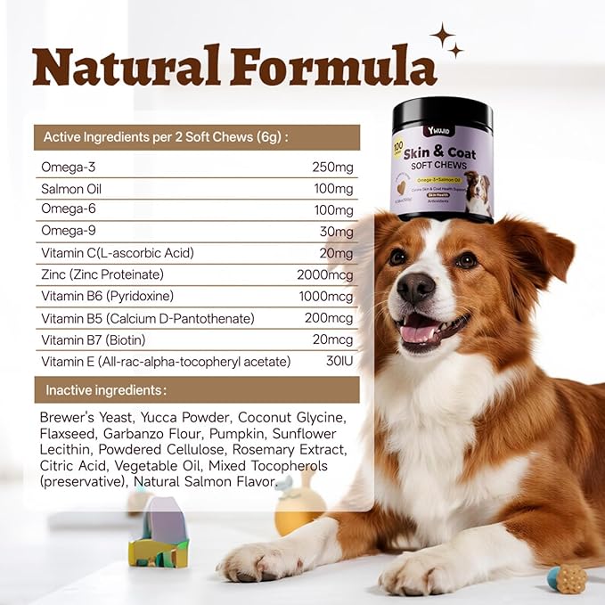 Salmon Oil Skin & Coat Supplement for Dogs-Omega 3 Fish Oil for Dog Healthy Skin & Glossy Coat with EPA & DHA Fatty Acids Heart Hip Joint Health,Skin Allergy,Hot Spots,Dry Skin,Itch Relief,Shedding