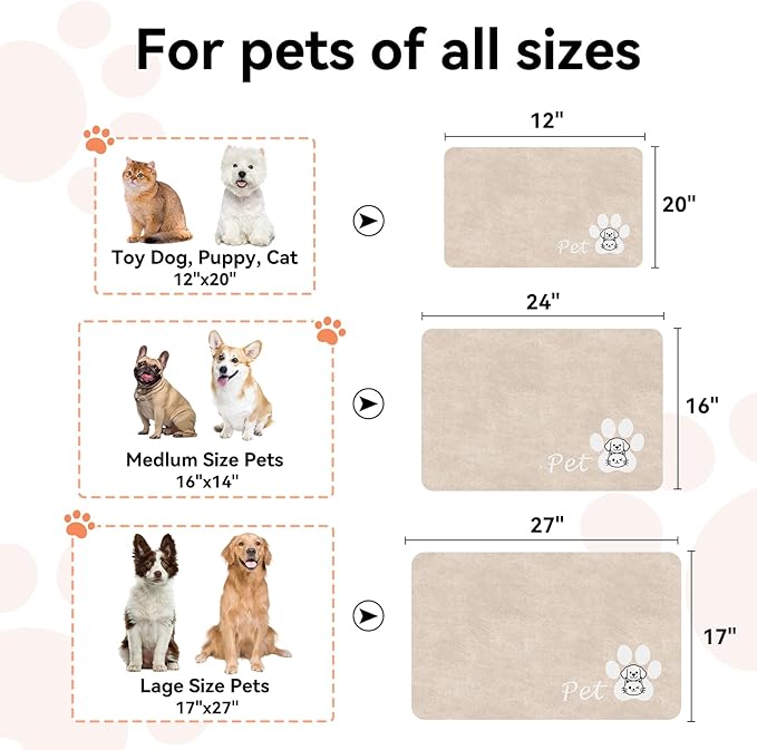 Dog Cat Feeding Mat-Absorbent Pet Bowl Mat for Food and Water, Quick Dry Water Dispenser Mat for Floors with Waterproof Rubber Backing, Large Dogs Placemat Mats for Messy Drinkers,17"x27",Taupe
