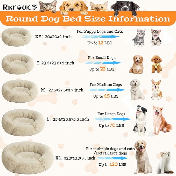 Fluffy Dog Bed Calming Donut Beds for Large Dogs Warming Round Small Medium Pet Nest Cozy Cat Mattress Indoor Washable Puppy Kennel Kittens Sleep Mat (M, 27.5×27.5 inch, Khaki)