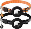 2 Pack Airtag Cat Collar with Bell, Reflective Nylon Kitten Collar with Apple Air Tag Holder and Breakaway Safety Buckle for Puppy Girl Boy Cats, 3/8" in Width and Lightweight, Black/Orange