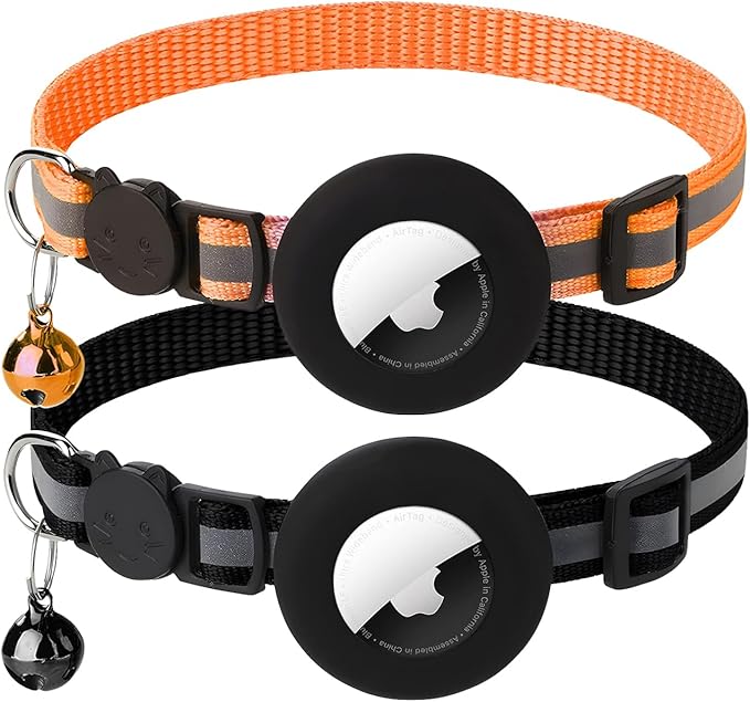 2 Pack Airtag Cat Collar with Bell, Reflective Nylon Kitten Collar with Apple Air Tag Holder and Breakaway Safety Buckle for Puppy Girl Boy Cats, 3/8" in Width and Lightweight, Black/Orange
