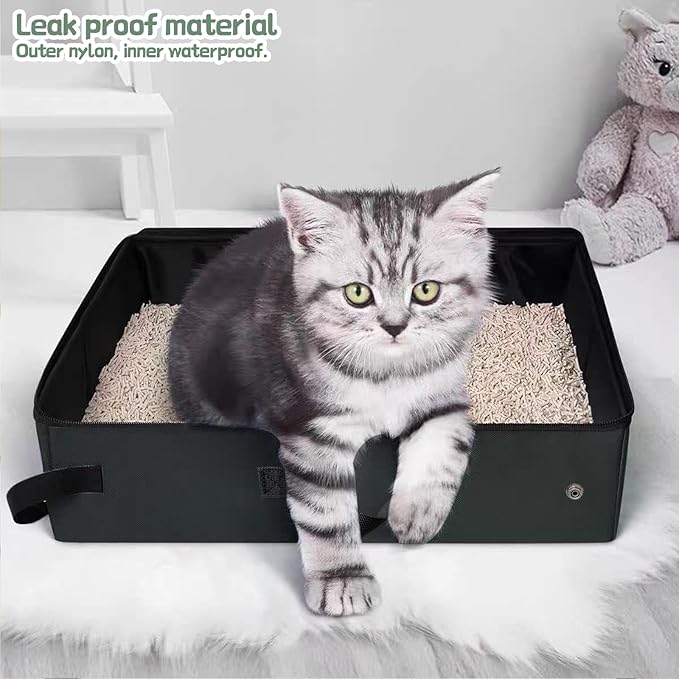 Portable Travel Litter Box for Cats, Foldable Cat Litter Box with Zipped Lid - Waterproof & Leak-Proof Collapsible Tray for Car, Hotel, Camping