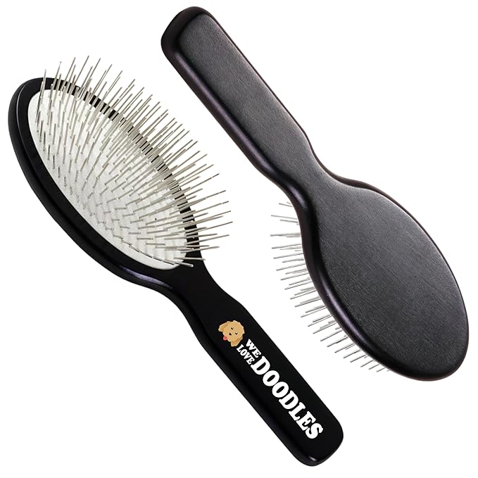 Pin Brush for Dogs, Pet Grooming Detangler Pin Dog Brush, Dog Brush for Shedding and Removing Loose Fur, Lightweight Beech Wood with Silver Plated Pins for Dogs with Long Hair [We Love Doodles]