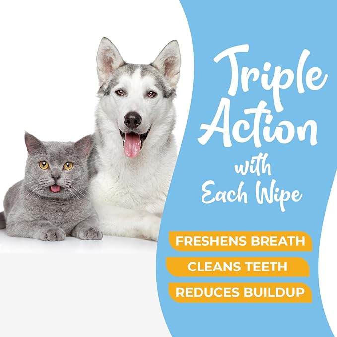 Dog Teeth Cleaning Finger Wipes - Easy Cats & Dogs Dental Care Toothbrush and Tooth Brushing Kit, Freshen Bad Breath, Reduces Plaque - 50 Count