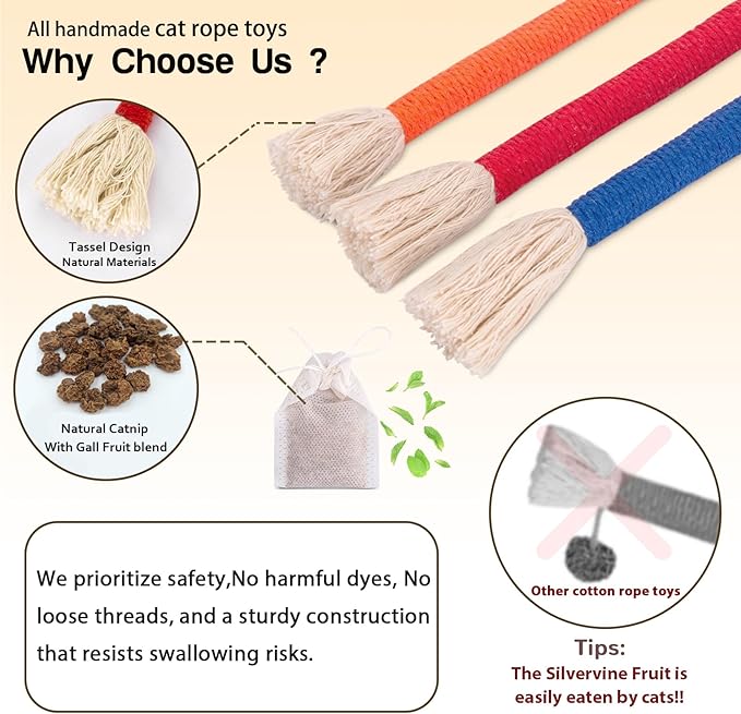 Retro Shaw Cat Toys Ropes 3Pcs with Refillable Natural Catnip, Safe Teeth Cleaning Kitten Chew Toys for Indoor Cats, Interactive Kitty Nip Kicker String Toy 23.6 Inches