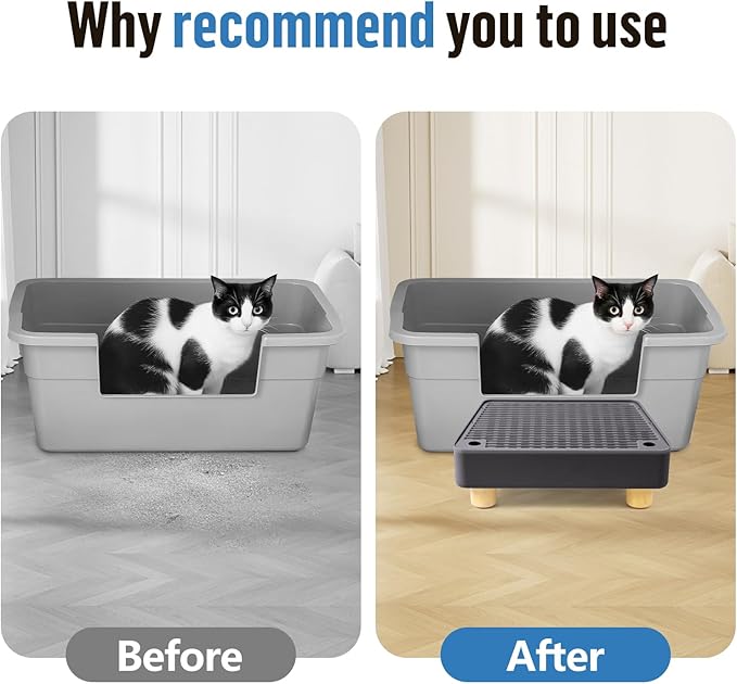 Extra Large Cat Litter Box Step Ramp, Cat's Litter Catcher Mat with Wooden Feet, Filter Function, Pedal Stool for Self-Cleaning Cat Litter Box, Ideal for Kitten & Elderly Cats (Dark Grey)