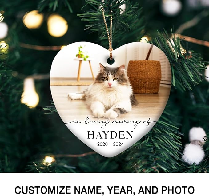 Cat Memorial Ornament - Personalized Ornaments for Loss of Cats - Custom Keepsake w/Name & Photo - in Loving Memory of Your Pets - Kitten, Cat Mom Death - Grief Gift for Pet Lover - Heart Shaped