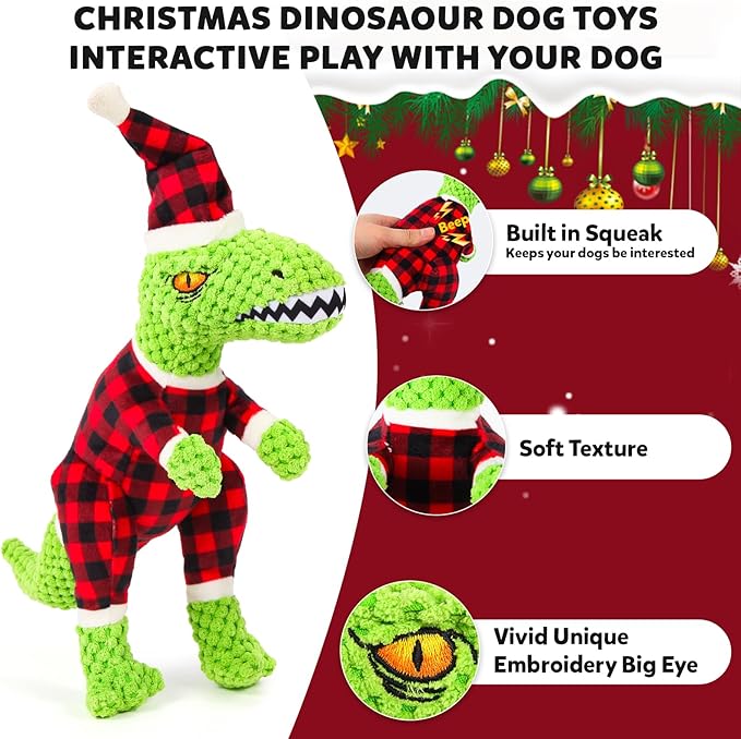 Christmas Dog Toys – Plush Reindeer & Snowman Holiday Set for Small and Medium Dogs, Soft Stuffed Chew Toys with Crinkle Ears, Festive Red Green Plaid, Cute Stocking Stuffer Gift
