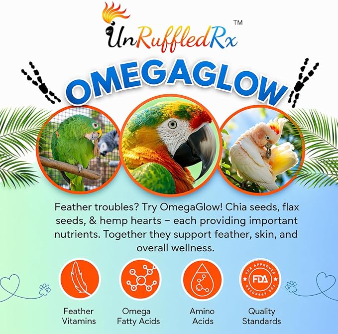 UnRuffledRx™ OmegaGlow for Birds – Raw, Natural Seed Blend for Feather Growth & Molting Support – Skin & Immune Health with Chia, Flax & Hemp Seeds – Helps Reduce Plucking – 2 oz Shaker Jar