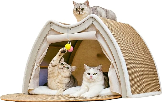 Cat Houses for Indoor Cats - 4 Seasons Cat Bed Cave with Natural Sisal Cat Scratcher Mat, Solid Wood Frame Cat House with Curtains and Cat Floor Scratching Pad Rug, Protect Couch and Carpets, M