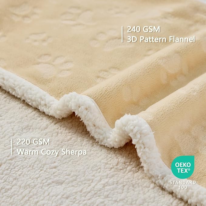 Qeils Pet Blankets for Cats - Waterproof Cat Blanket Washable - Sherpa Fleece Puppy Blanket, Soft Plush Reversible Throw Protector for Bed Couch Car Sofa, 40"X50", Khaki