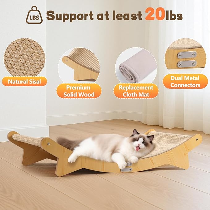 Extra Large Cat Scratcher Bed for Indoor Cats, Cats Scratcher Sofa with Sisal Scratch Mat & Soft Washable Mat, Wooden Cat Furniture Hammock Lounger for Lounge, Sleep, Scratch