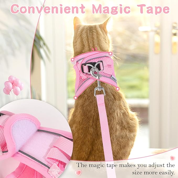 Cat Harness and Leash Set,Escape Proof Adjustable Kitten Harness with Cute Pink Bow,Breathable Reflective Strips Harness for Kitty Puppy Bunny for Walk Travel and Indoor Use (Pink, Small)
