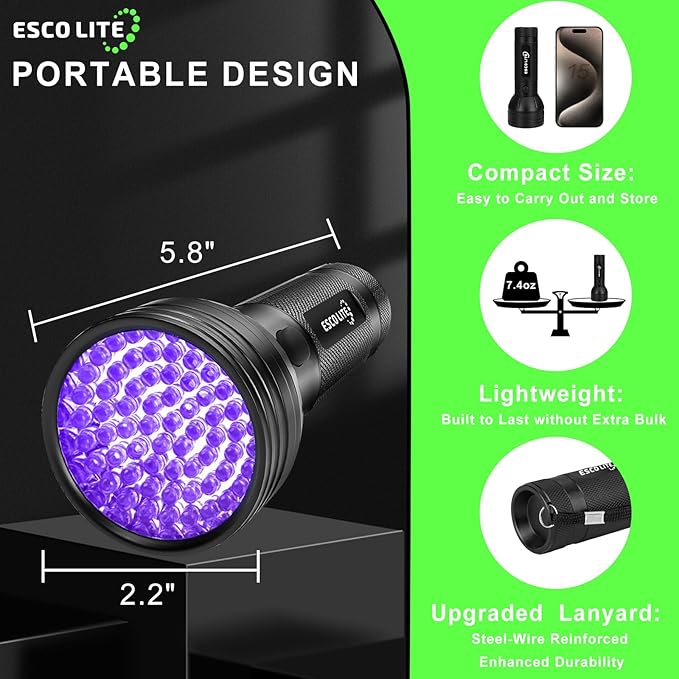 ESCO LITE UV Flashlight Black Light, 51 LED 395 nM Ultraviolet Blacklight Detector for Dog Urine, Pet Stains and Bed Bug
