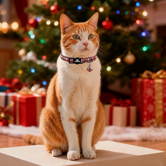 Christmas 2 Pack Cat Collar, Cute Soft Breakaway Kitty Collar with Bell&Pendent, Cotton Christmas Plaid Collar with Safety Buckle for Girl Boy Cats