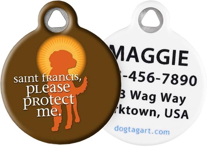 Dog Tag Art Religious Custom Pet ID Tag for Dogs and Cats, Personalized Dog Tag with Customized Identification Information, Saint Francis Protect Me, Large (1.25" Diameter)