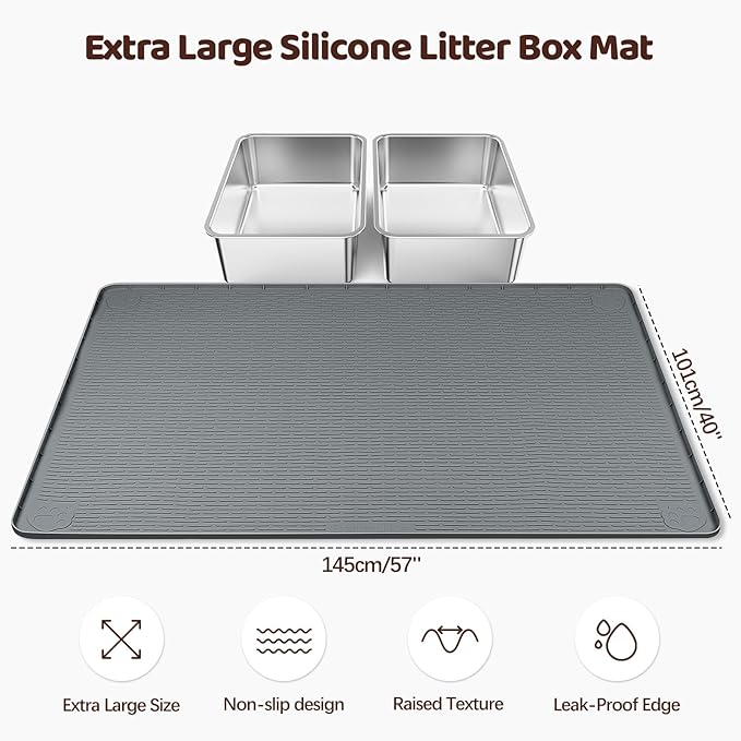 Cat Litter Mat, XL Extra Large 57" x 40" Silicone Mat Litter Trapping Mat for Scatter Control, Soft on Kitty Paws, Easy to Clean (Dark Grey)