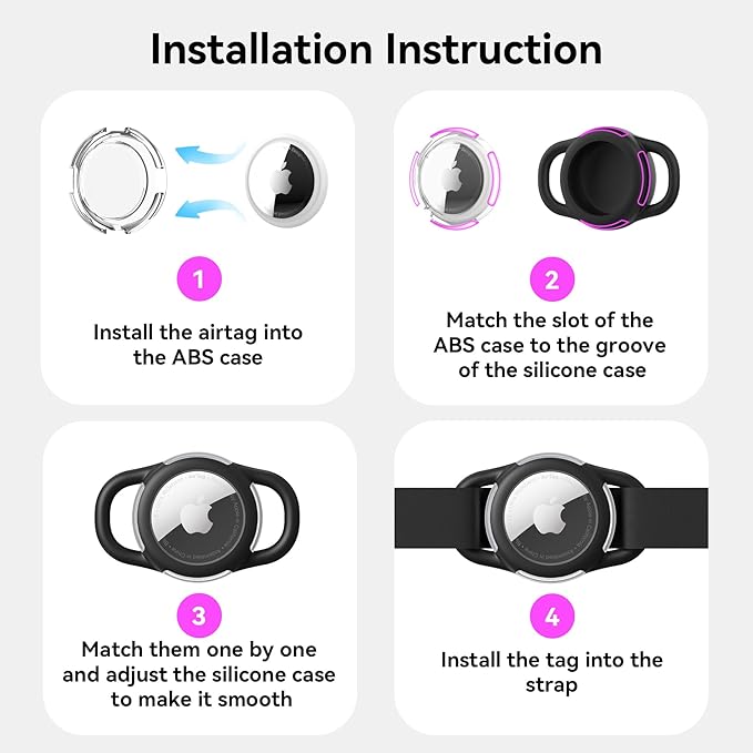 Waterproof Airtag Dog Collar Holder, Silicone & ABS Airtag Holder for Dog & Cat Collars, Ultra-Durable, Lightweight and Protective Airtag Case (Black & Black, Small)