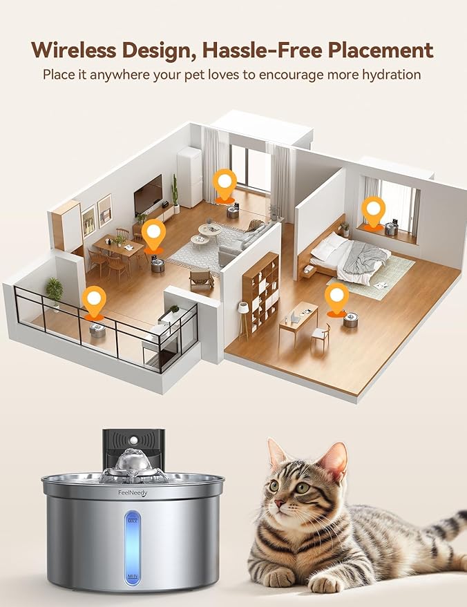 Wireless Cat Water Fountain - Safe Water-Electricity Separation, 3.5L Stainless Steel, XL Filter for Less Replacement, 4000mAh Battery, Motion Sensor & Ultra-Quiet Pump - FEELNEEDY