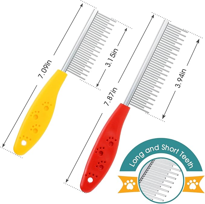 Patelai 2 Pieces Pet Hair Comb Small Pet Grooming Stainless Steel Long and Short Teeth Comb for Small Dog Cat Animals Rabbits Bunny Hamsters Guinea Pigs, Red and Yellow